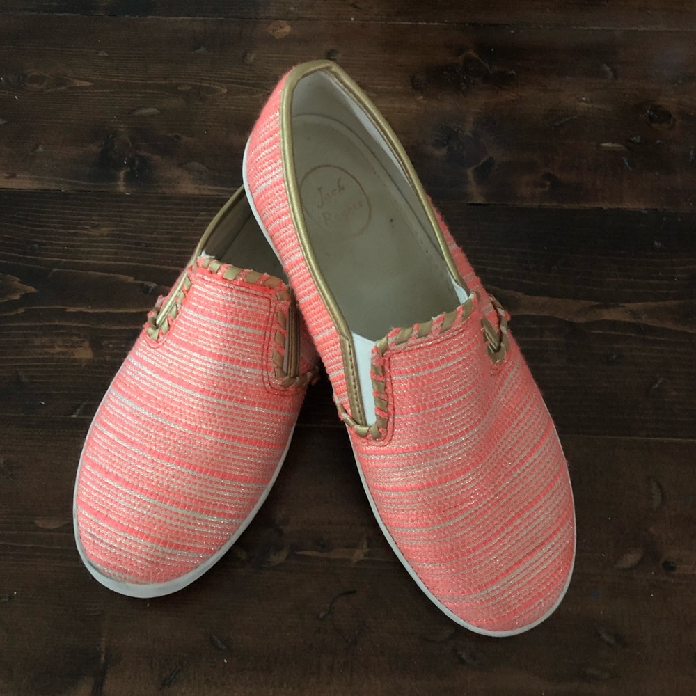 Jack Rogers orange and gold slip-on shoe.